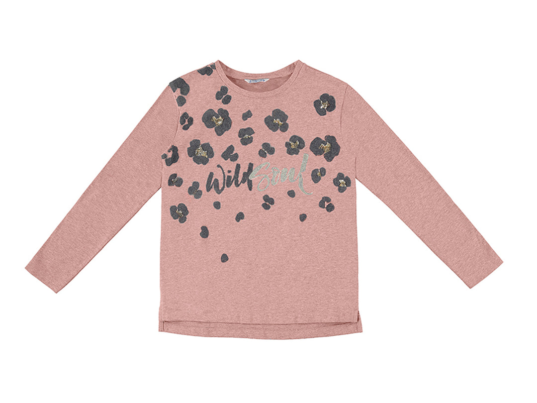 Camiseta de manga larga color maquillaje con estampado floral gris y texto brillante &