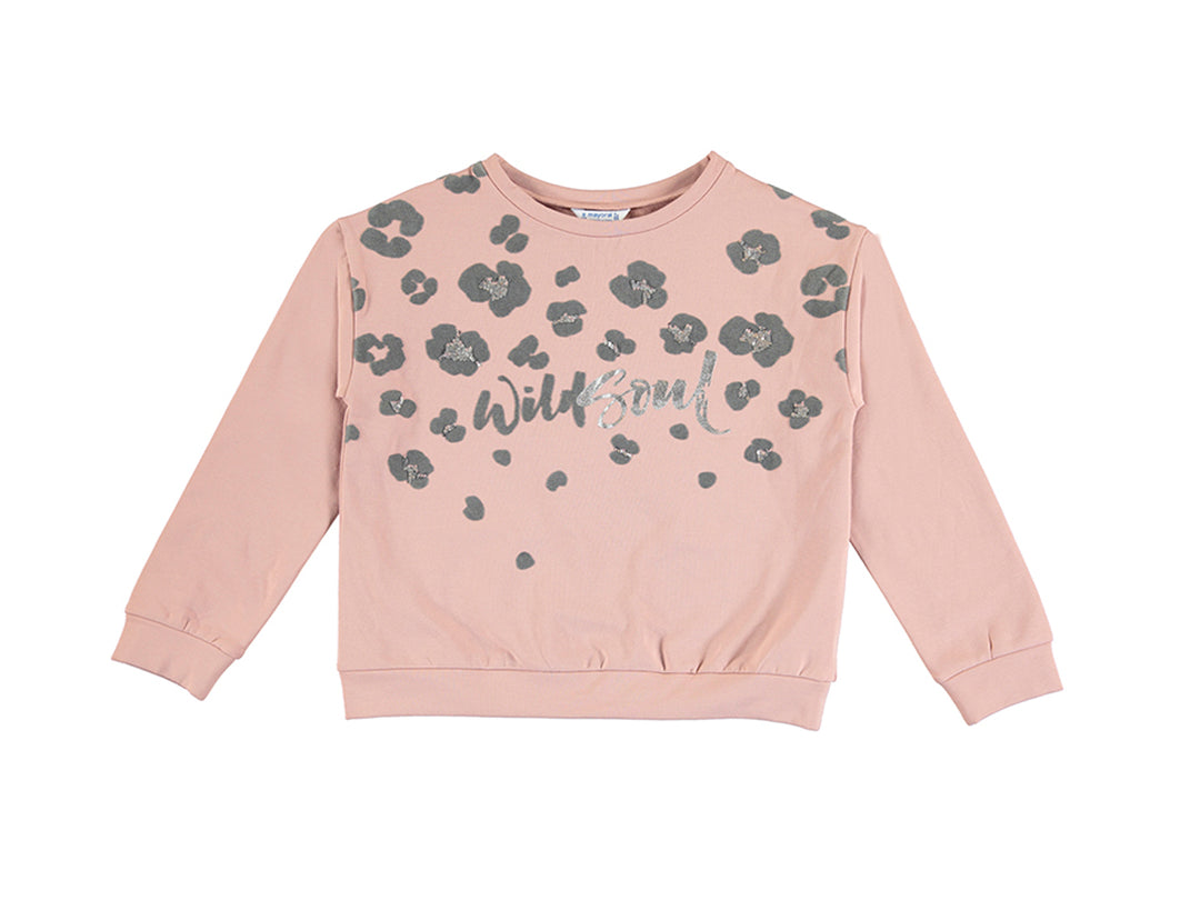 Sudadera rosa maquillaje para niña con estampado de manchas grises y texto Wild Soul.