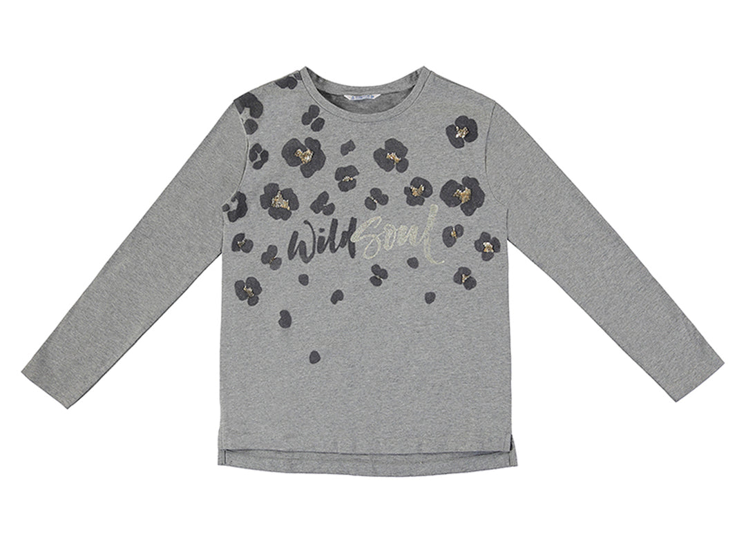 Camiseta gris de manga larga con estampado de flores negras y texto dorado &