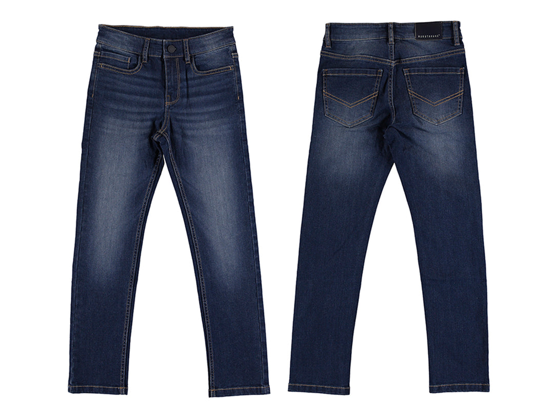 Pantalón de mezclilla azul medio con vistas frontal y posterior.
