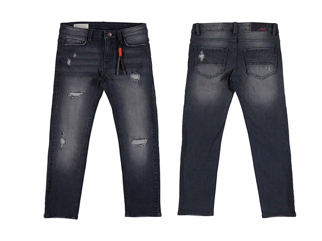 Pantalón de mezclilla azul negro con detalles desgastados, vista frontal y posterior.