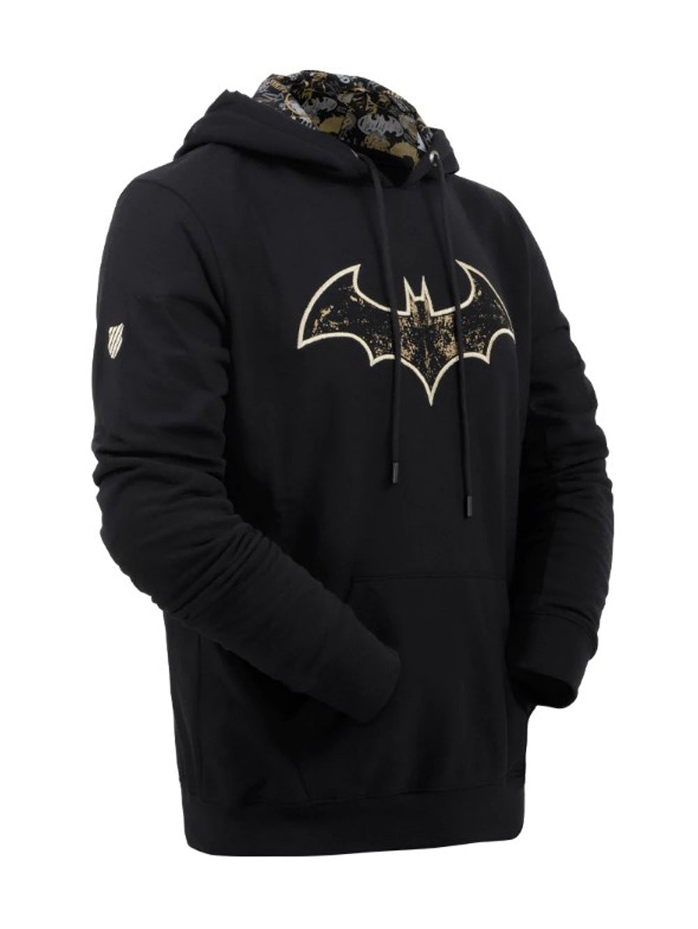 Sudadera negra con capucha de K-Swiss, presenta el logo de Batman en color dorado en el pecho.