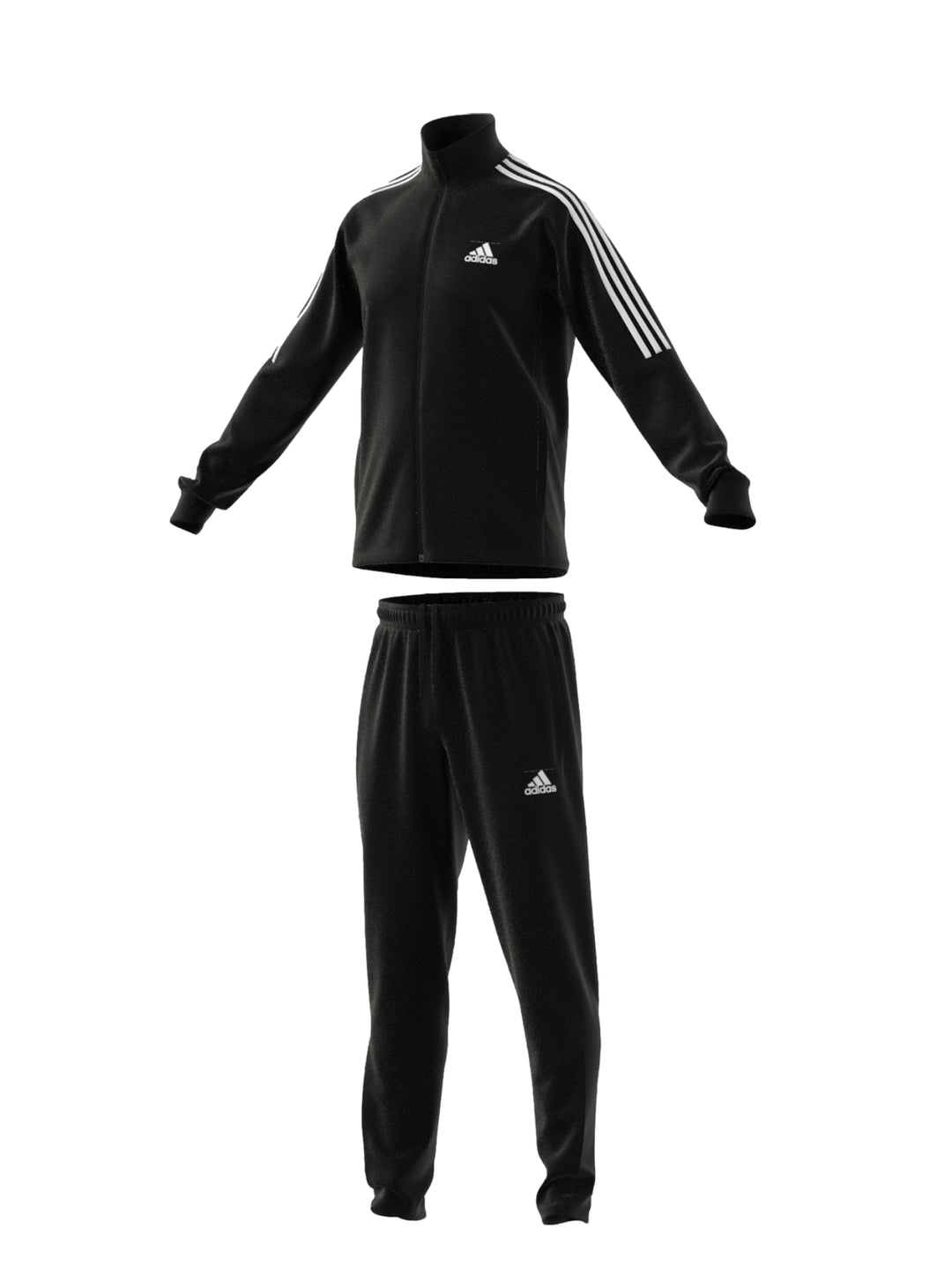 Hombre vistiendo conjunto deportivo Adidas de color negro con rayas blancas en las mangas.
