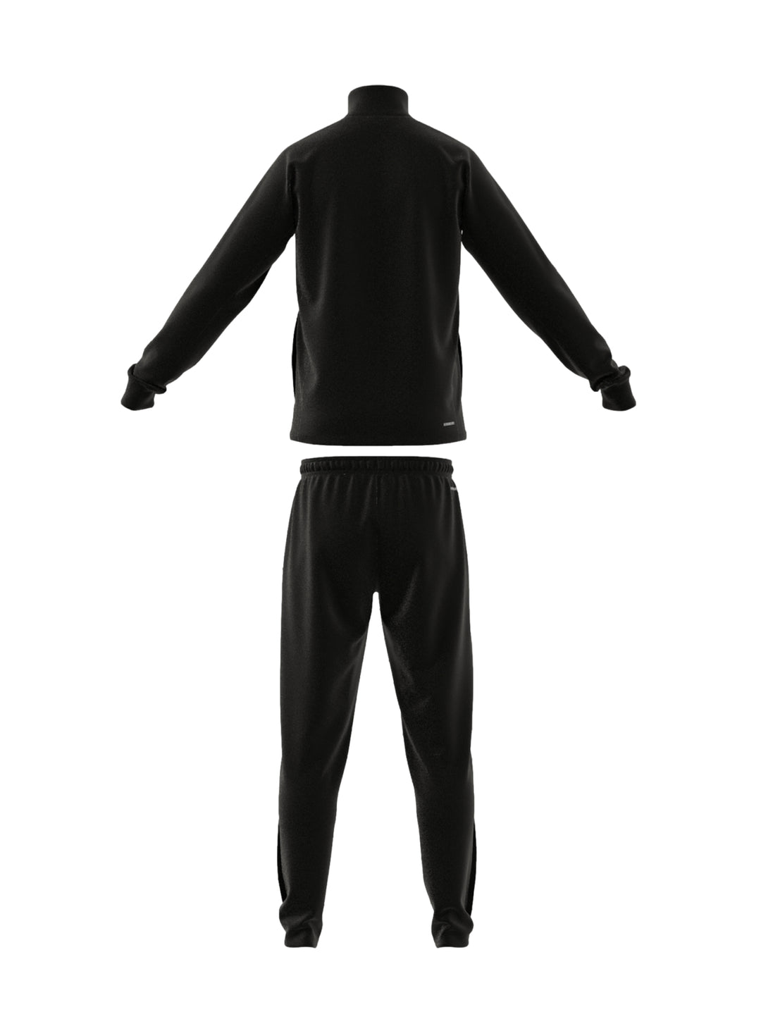 Hombre vistiendo conjunto deportivo Adidas de color negro con rayas blancas en las mangas.