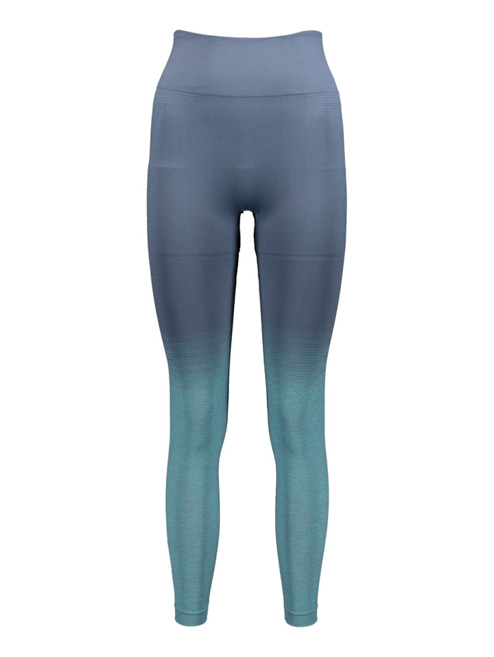 Mallas deportivas Skechers para mujer con diseño degradado en colores azul y menta, tiro alto y ajuste ceñido.
