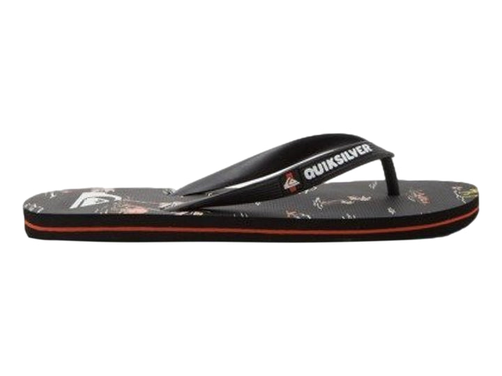 Sandalias negras Quiksilver con una línea naranja en la suela y estampado en la plantilla.