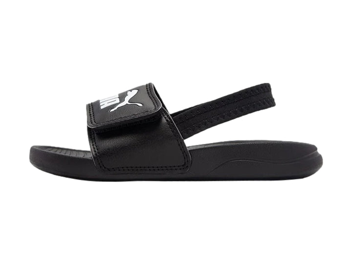 Sandalia Puma Popcat 20 negra para niño con correa posterior y logotipo blanco.