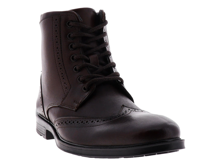 Bota de cuero color café oscuro con detalles perforados y agujetas negras.