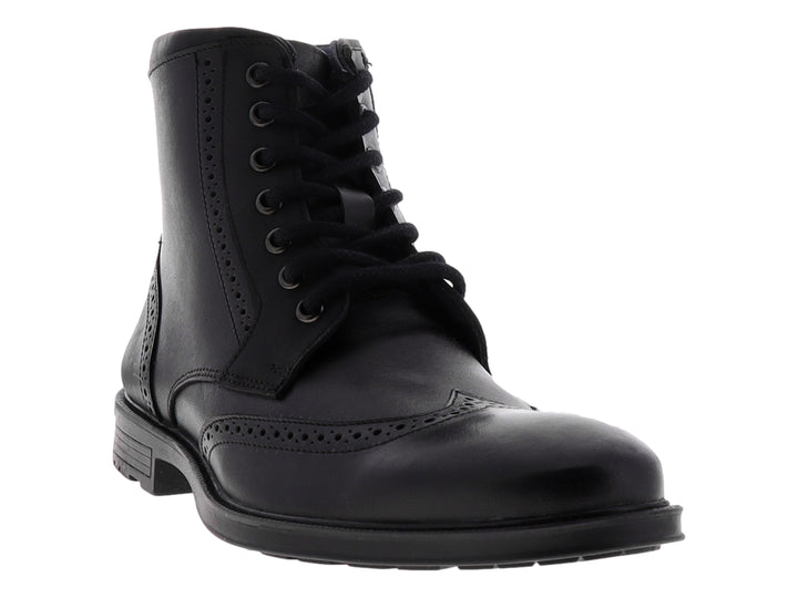 Bota de cuero negro con agujetas y detalles perforados estilo brogue.