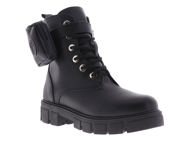 Bota de combate negra para mujer con suela track y pequeño bolsillo lateral.