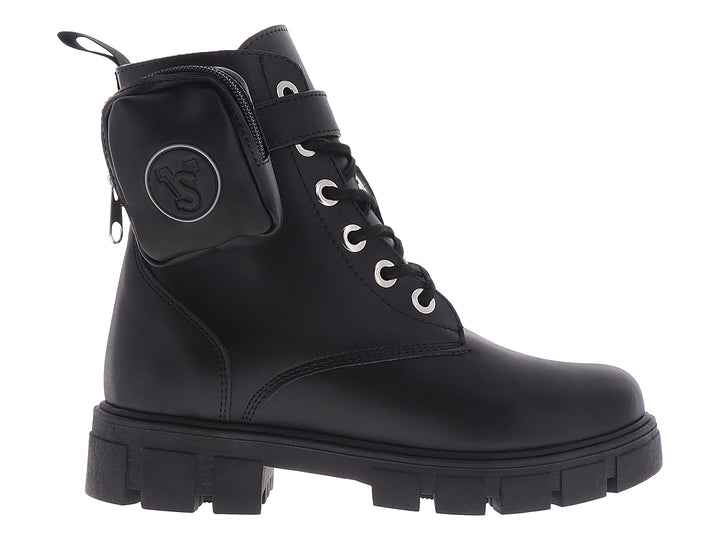 Bota de combate negra para mujer con suela track y pequeño bolsillo lateral.