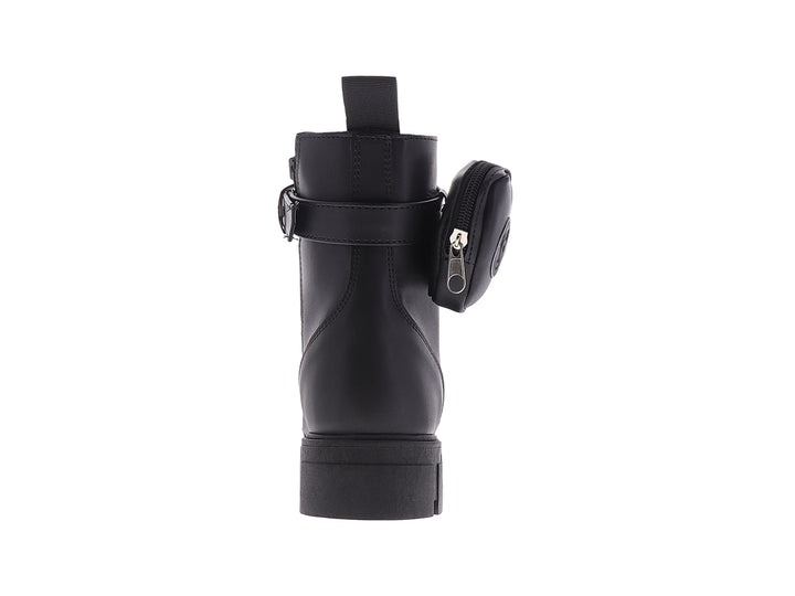 Bota de combate negra para mujer con suela track y pequeño bolsillo lateral.