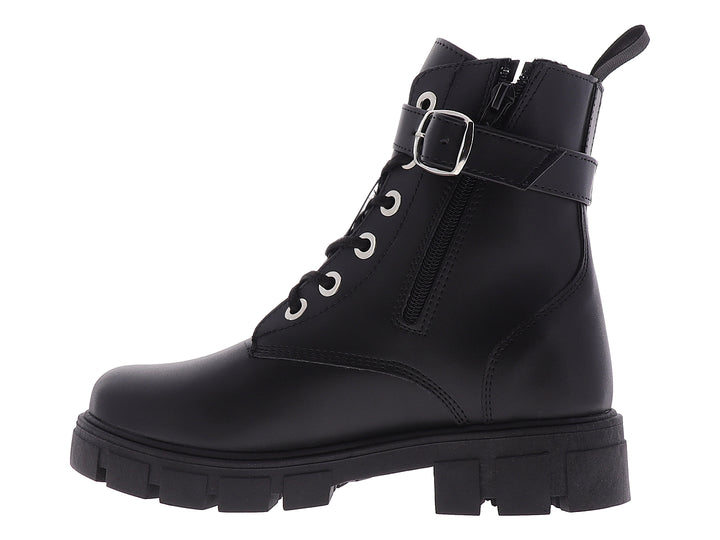 Bota de combate negra para mujer con suela track y pequeño bolsillo lateral.