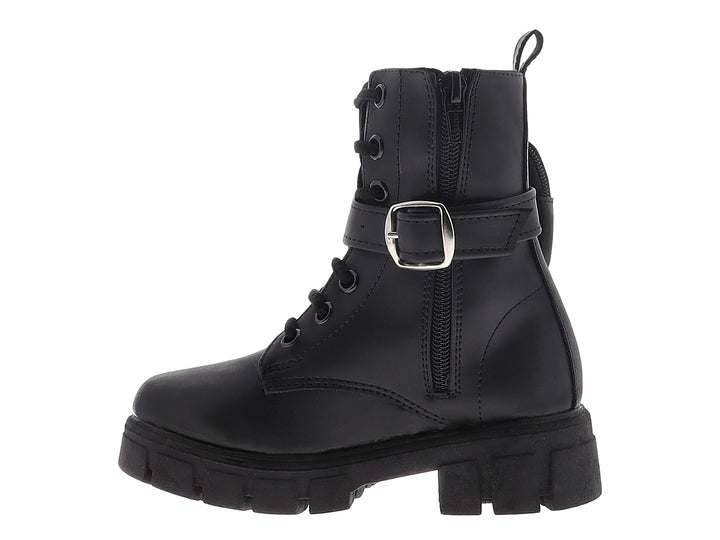 Bota negra de caña alta con suela track y un pequeño bolsillo lateral con cierre.