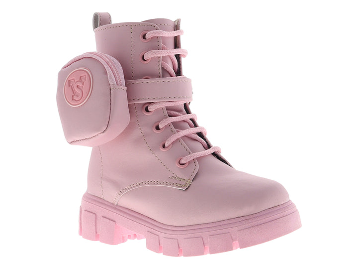 Botas color rosa para niña con suela gruesa, cordones y un pequeño bolsillo decorativo en el costado.