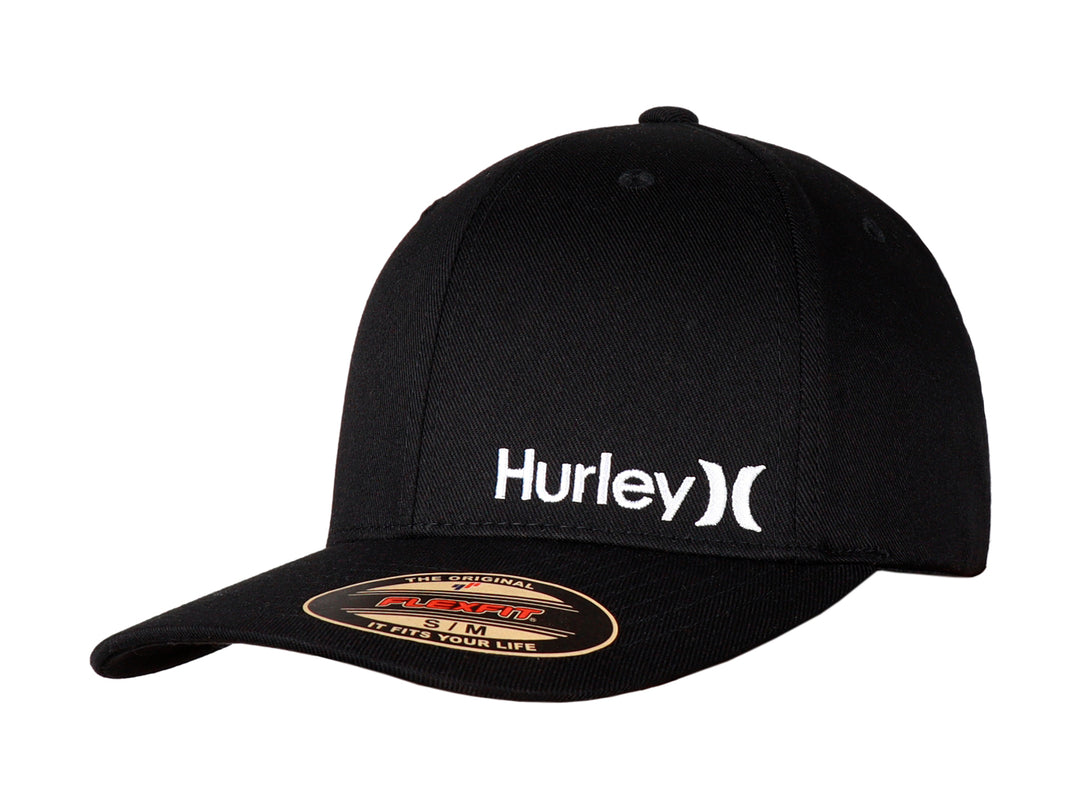 Gorra negra de la marca Hurley con logotipo blanco en el frente y visera curva.