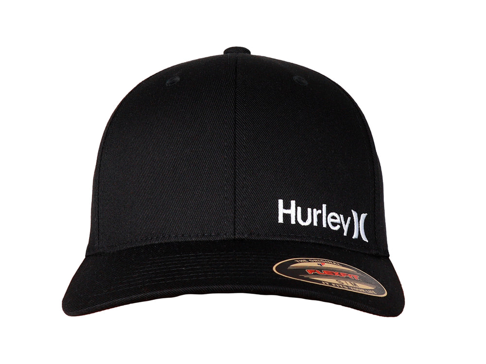 Gorra negra de la marca Hurley con logotipo blanco en el frente y visera curva.