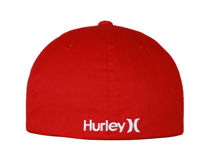 Gorra roja de la marca Hurley con logotipo blanco bordado en el frente.