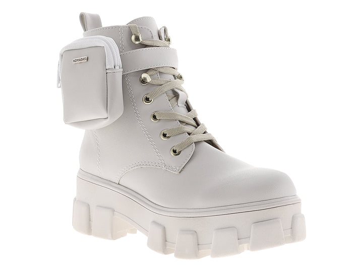 Botines Nomadas color gris claro para mujer con suela de plataforma gruesa y pequeño bolsillo lateral.