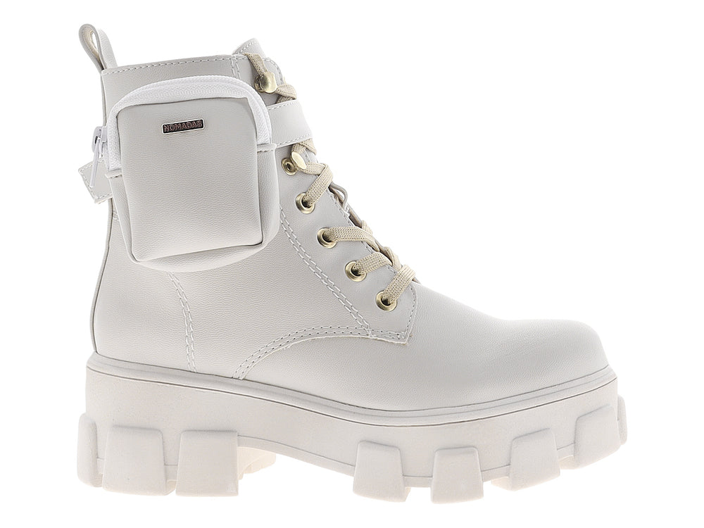 Botines Nomadas color gris claro para mujer con suela de plataforma gruesa y pequeño bolsillo lateral.