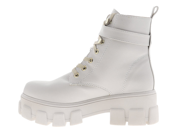 Botines Nomadas color gris claro para mujer con suela de plataforma gruesa y pequeño bolsillo lateral.