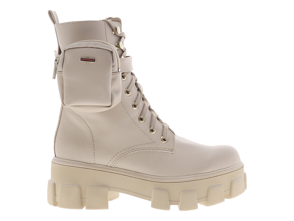 Botín beige para mujer de la marca NOMADAS con suela de plataforma gruesa y pequeño bolsillo lateral.