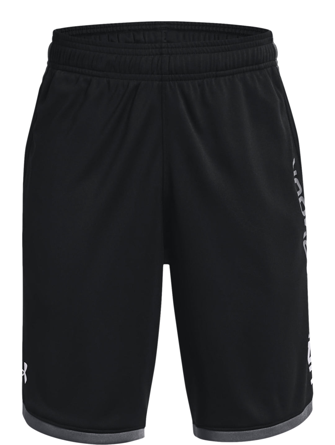 Pantalones cortos deportivos Under Armour color negro con detalles en gris y cintura elástica.
