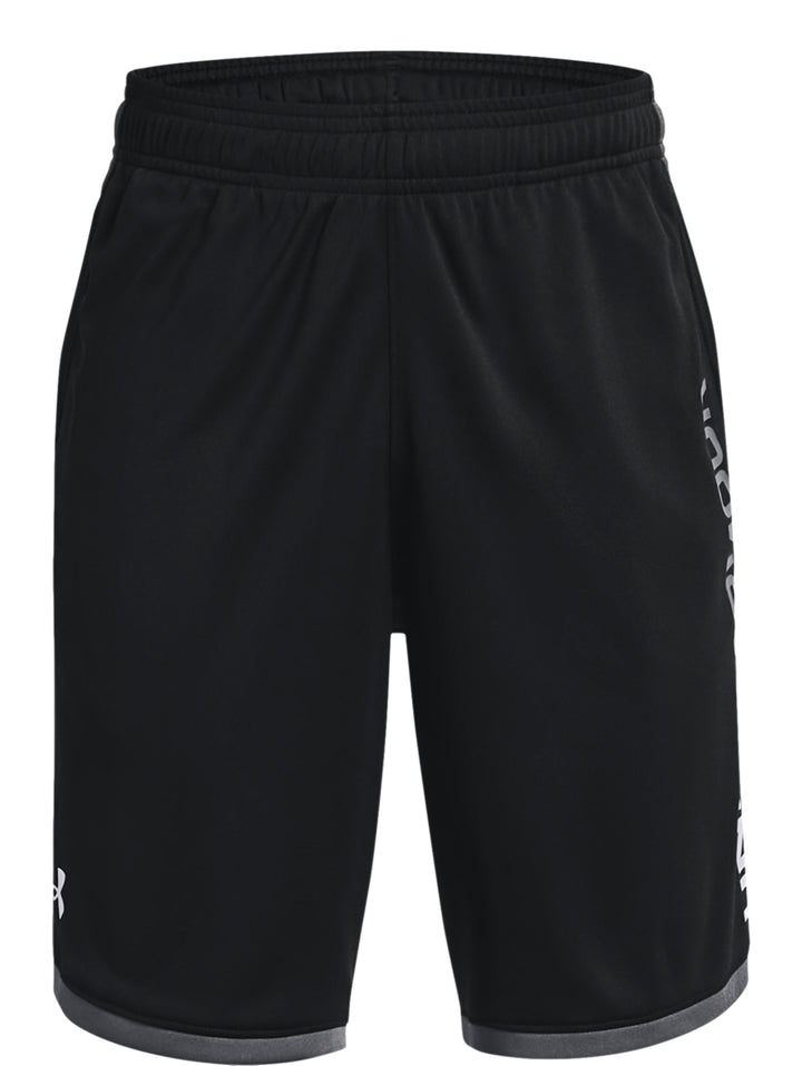 Pantalones cortos deportivos Under Armour color negro con detalles en gris y cintura elástica.