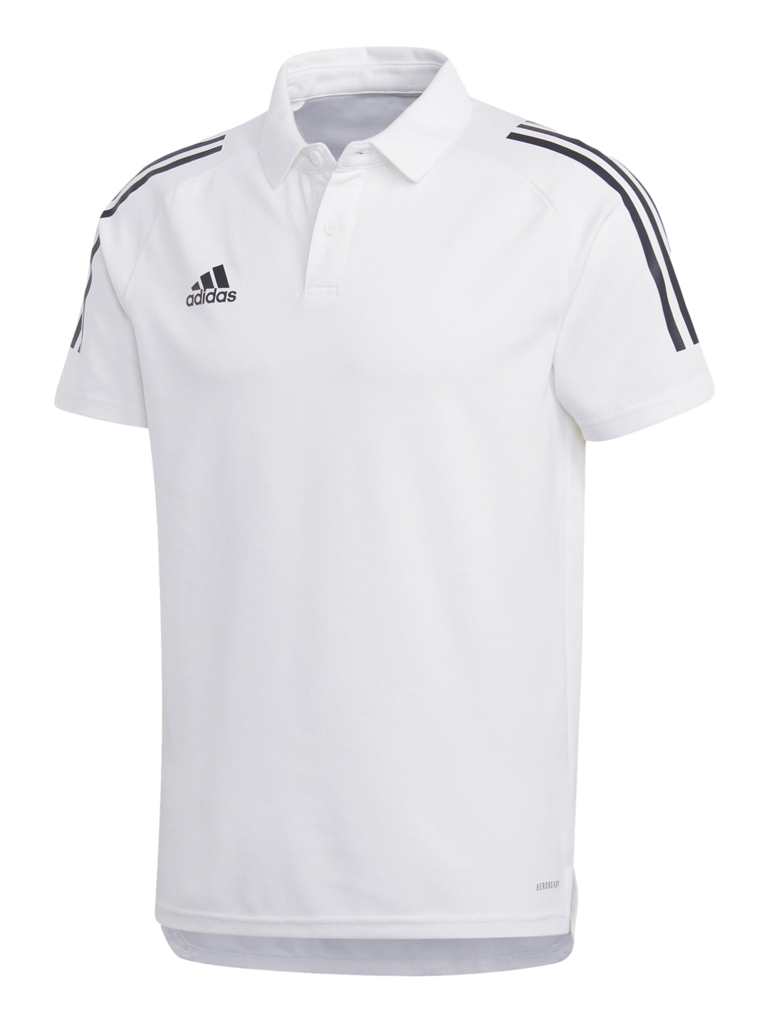 Hombre vistiendo playera polo blanca de Adidas con rayas negras en los hombros.