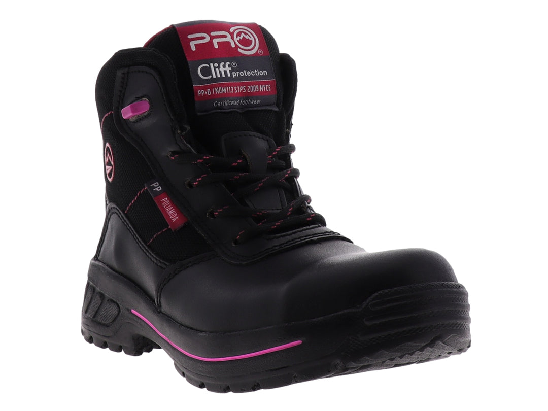 Bota de seguridad Cliff color negro con detalles en rosa, diseño robusto con casco protector y cierre de cordones.