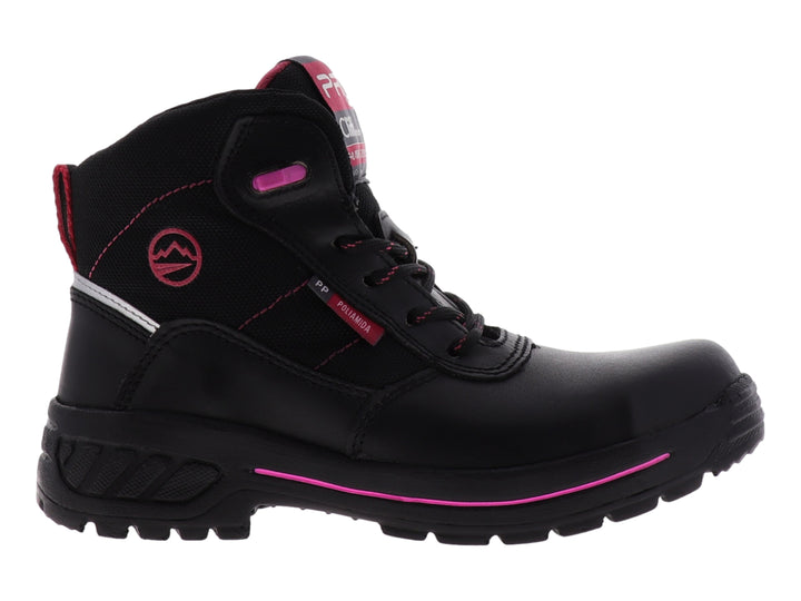 Bota de seguridad Cliff color negro con detalles en rosa, diseño robusto con casco protector y cierre de cordones.