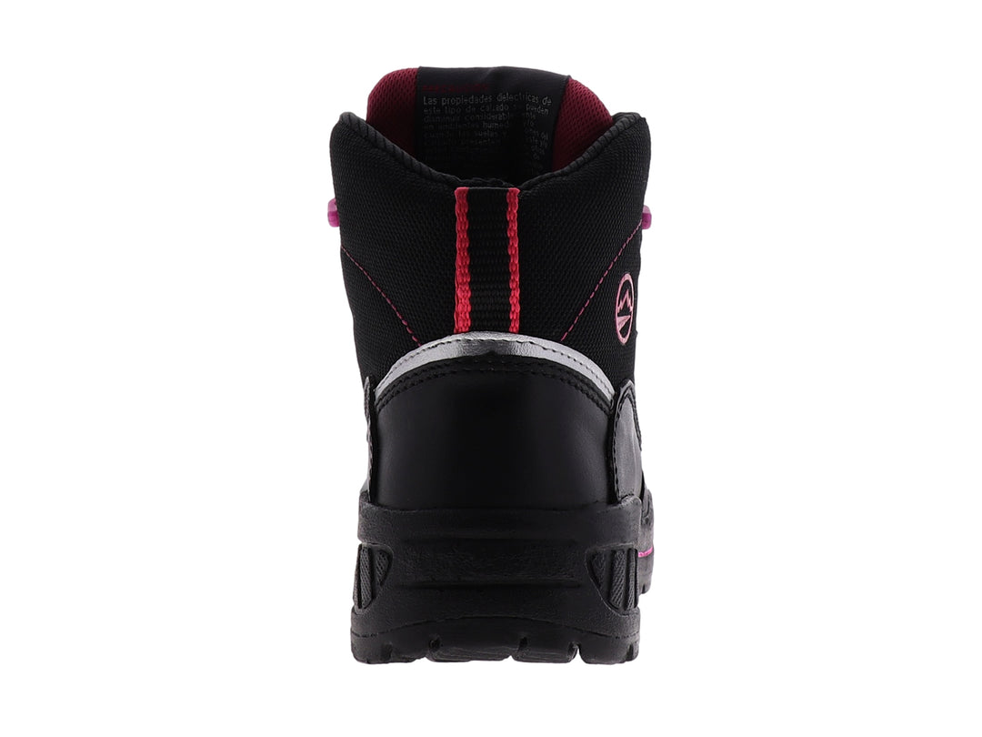 Bota de seguridad Cliff color negro con detalles en rosa, diseño robusto con casco protector y cierre de cordones.