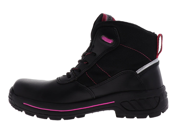 Bota de seguridad Cliff color negro con detalles en rosa, diseño robusto con casco protector y cierre de cordones.