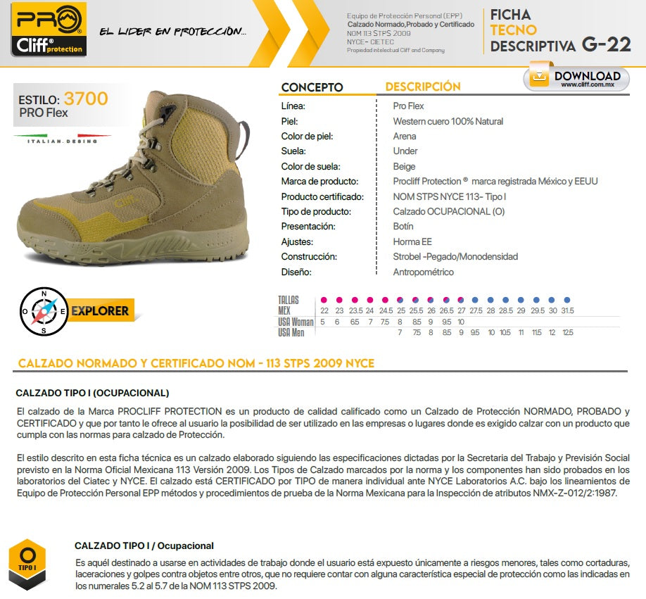 Bota táctica CLIFF modelo 3700 en color arena, de caña media con suela resistente y cierre de agujetas.