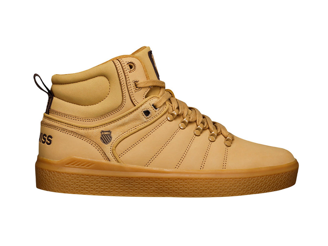 Tenis K-Swiss modelo Honey King en color miel, estilo bota alta con suela plana y cordones.