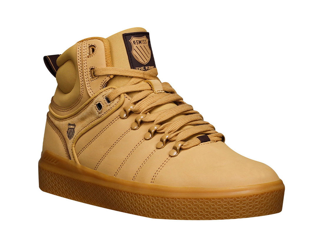 Tenis K-Swiss modelo Honey King en color miel, estilo bota alta con suela plana y cordones.