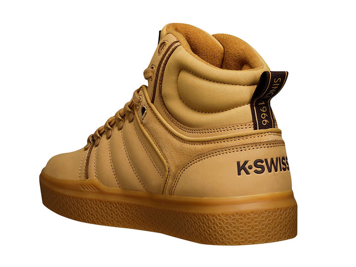 Tenis K-Swiss modelo Honey King en color miel, estilo bota alta con suela plana y cordones.