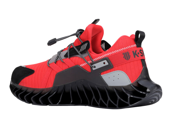 Tenis K-Swiss Dion para hombre en color rojo y negro con suela esculpida y cordones elásticos.