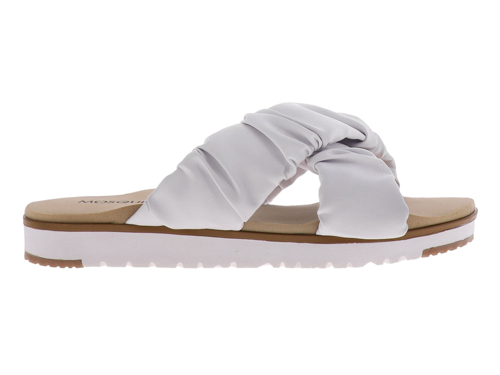 Sandalia blanca para mujer con tira ancha anudada y suela plana blanca.