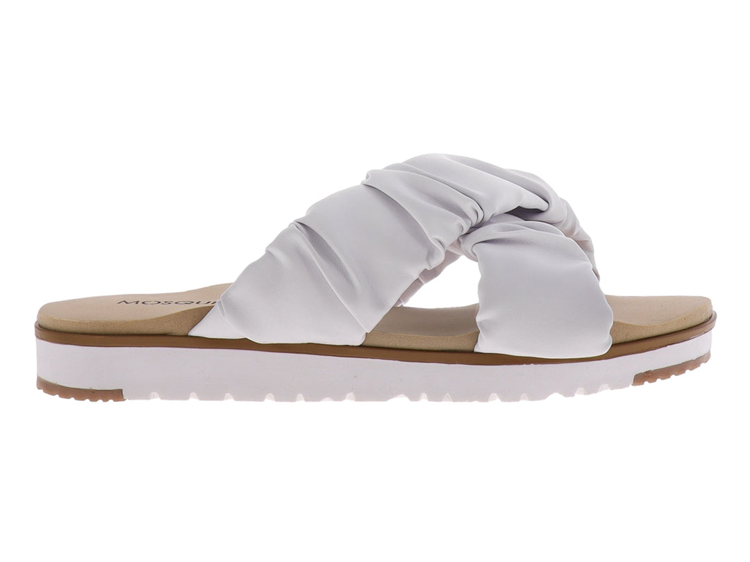 Sandalia blanca para mujer con tira ancha anudada y suela plana blanca.