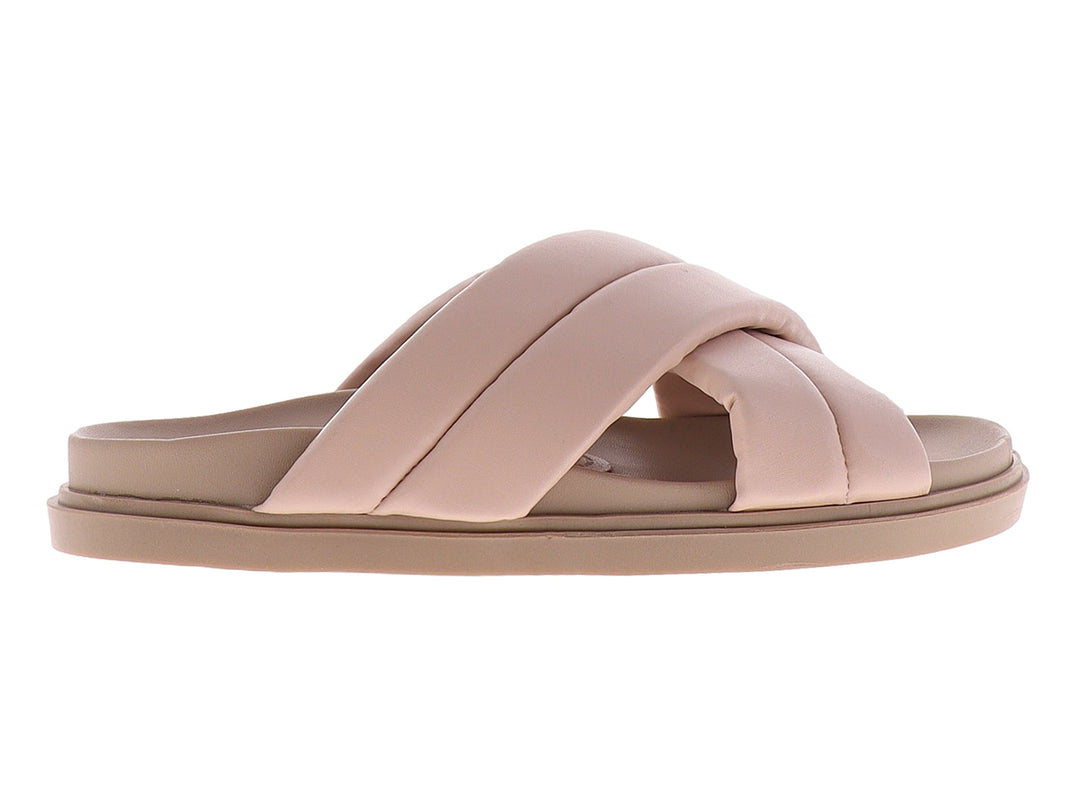 Sandalias color beige con tiras acolchadas cruzadas y suela plana.