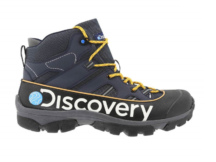 Botas Discovery color marino con suela negra y agujetas amarillas para hombre.