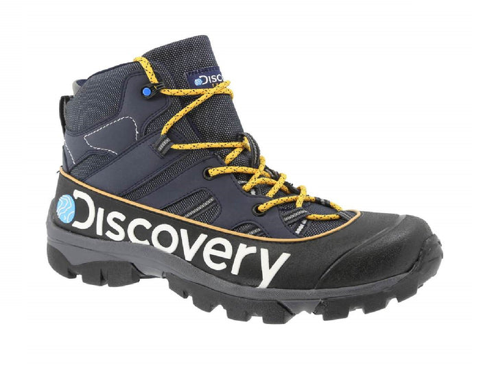 Botas Discovery color marino con suela negra y agujetas amarillas para hombre.