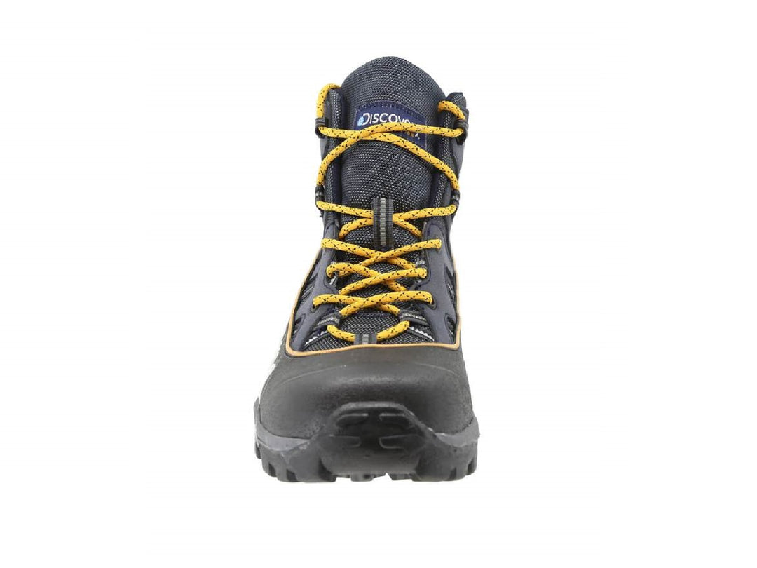 Botas Discovery color marino con suela negra y agujetas amarillas para hombre.