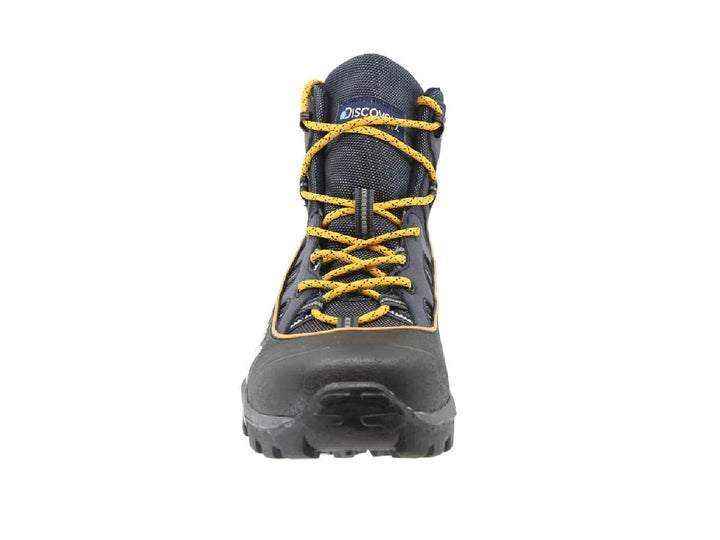 Botas Discovery color marino con suela negra y agujetas amarillas para hombre.