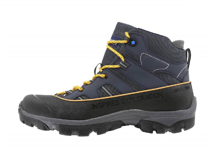 Botas Discovery color marino con suela negra y agujetas amarillas para hombre.