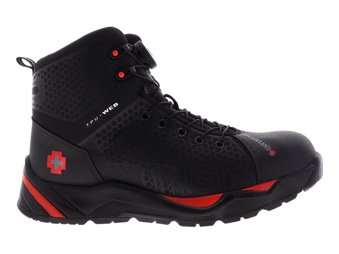 Bota industrial de caña alta color negro con detalles en rojo de la marca Swissbrand.