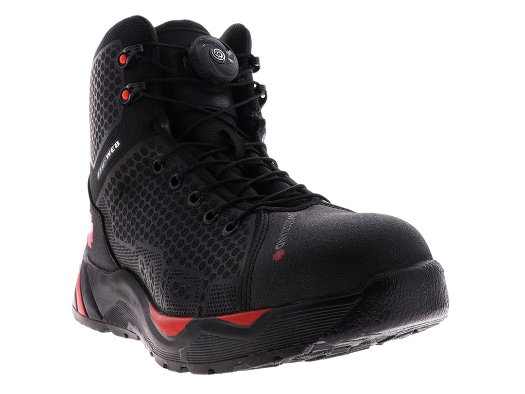 Bota industrial de caña alta color negro con detalles en rojo de la marca Swissbrand.