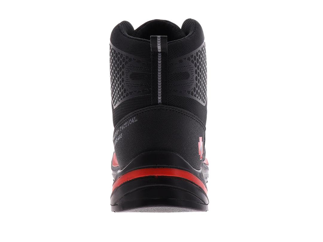Bota industrial de caña alta color negro con detalles en rojo de la marca Swissbrand.