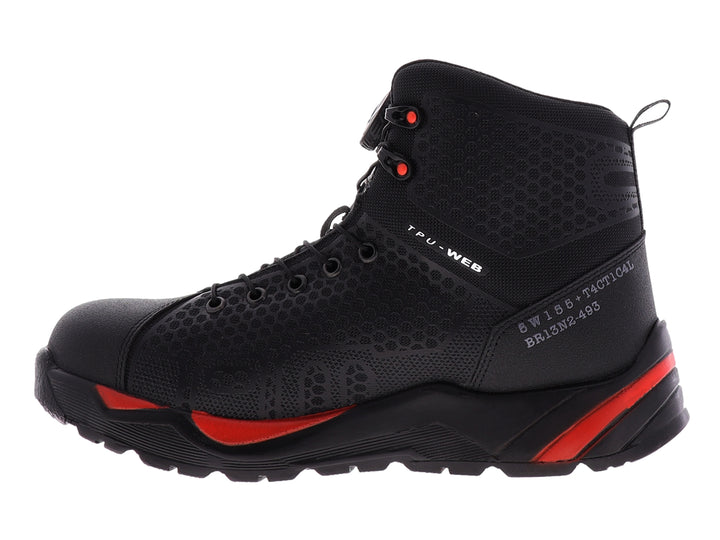 Bota industrial de caña alta color negro con detalles en rojo de la marca Swissbrand.